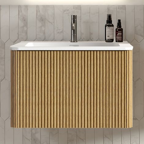 Meuble lavabo mural 61x46,5x37cm pour petite salle de bain, vasque fonte minérale rainurée, meuble sous-vasque chêne naturel pré-assemblé (1/5)