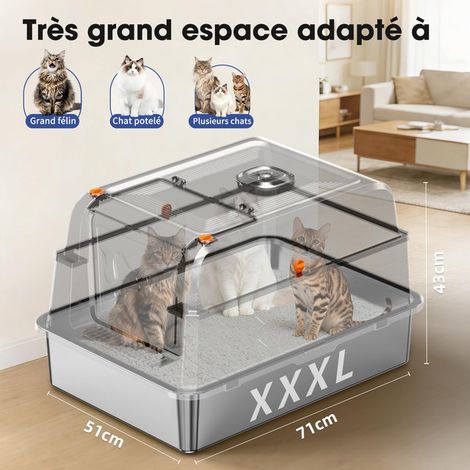 Bac à litière géant XXXL pour chat grand format XXL XL caisse de toilette fermée en acier inoxydable anti-odeur et anti-fuite d'urine avec pelle