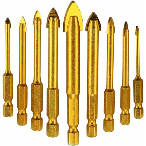 Ensemble de 9 forets à carrelage, à céramique et à verre (3/4/5/6/8/10/12 mm). Outils de perçage hexagonaux pour miroirs, verre et carrelage. (1/5)
