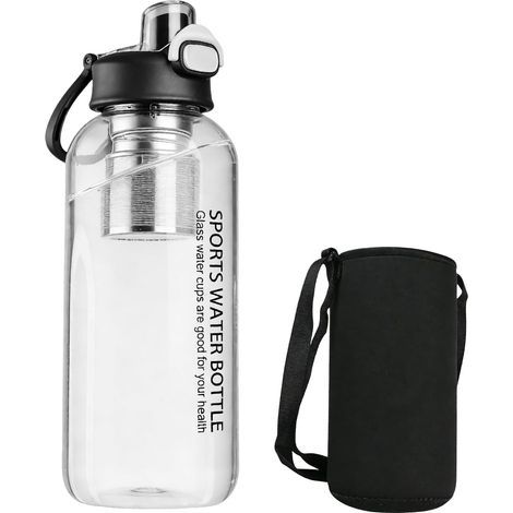 1,5-Liter-Trinkflasche aus Borosilikatglas, 1,5-Liter-Sport-Trinkflasche aus Glas, Glasflasche mit Edelstahl-Infuser für Sport, Büro, Schule und Outdoor-Aktivitäten, Schwarz (1/5)