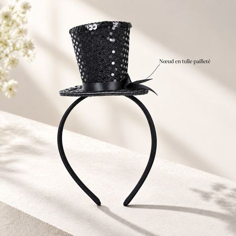Bandeau chapeau haut-de-forme miniature , serre-tête noir pailleté pour fête, carnaval et soirée Halloween (1/5)