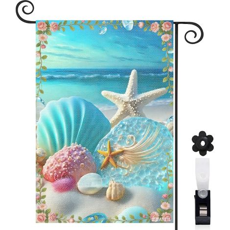Drapeau de jardin 30 x 45 cm motif coquillages marins et style été toile double face pour décoration extérieure (1/5)
