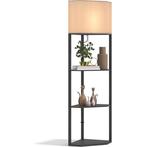 Corner Floor Lamp with Shelves, Modern Tall Standing Lamp with Chain Switch for Living Room, Bedroom, Bulb Not Included, Black