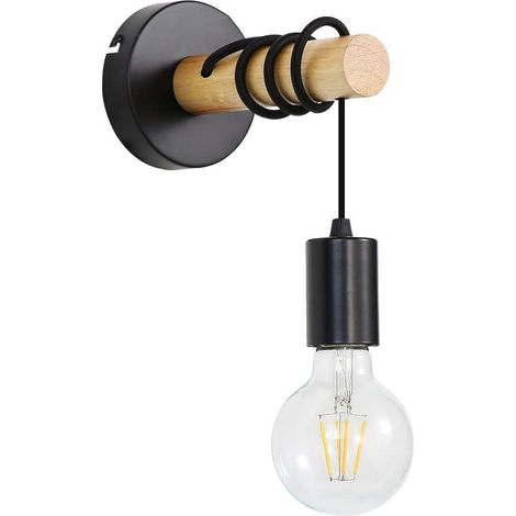Applique Murale En Bois - Base Ronde En Acier Noir - Fixation Murale Pour E27 - Pour Chambre Salon Couloir - 1 Pièce (1/5)