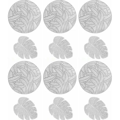 Set aus Platzsets und Untersetzern mit Hohlkammerfüllung, bestehend aus 6 runden Platzsets und 6 blattförmigen Untersetzern, silberfarben. (1/5)