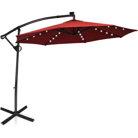 COSTWAY Ombrellone a Sbalzo da 300 cm con Base a Croce, Ombrellone a LED ad Energia Solare, Rotazione di 360 Gradi, Ombrellone da Esterno a 8 Costole e Facile Regolazione Dell’Inclinazione, Borgogna (1/5)