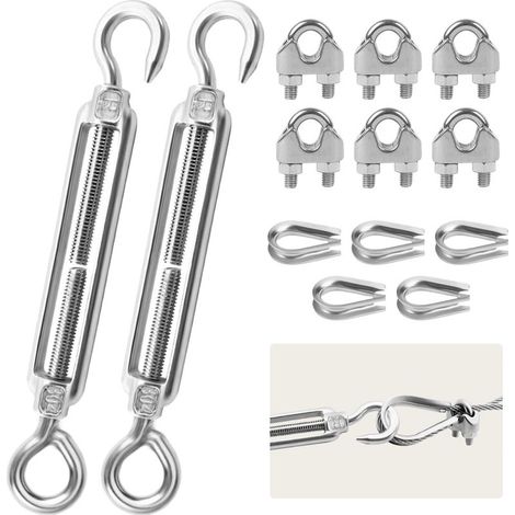 Kit de tendeur de câble en acier inoxydable 13 pièces, 2 anneaux M6 en acier inoxydable, tendeur de câble pour corde à linge, tendeur de câble en acier pour plantes grimpantes, rambarde