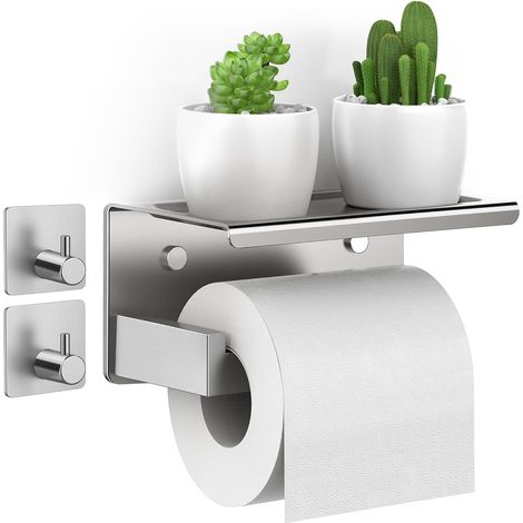 Toilettenpapierhalter Ohne Bohren,SUS304 Edelstahl Klorollenhalter Mit Verbesserte Verlängerung 19.5 cm Ablage, Starker Spurloser Kleber Klopapierhalter, Zwei Installationsmethoden -Silber (1/5)