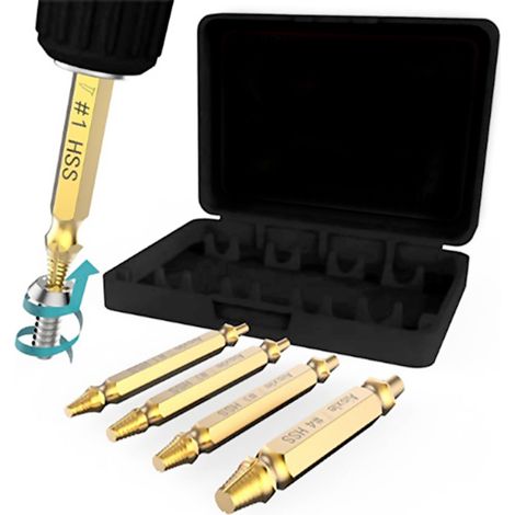 Kit de 4 extracteurs de vis à double tête pour vis cassées ou endommagées, avec forets inclus. (1/5)