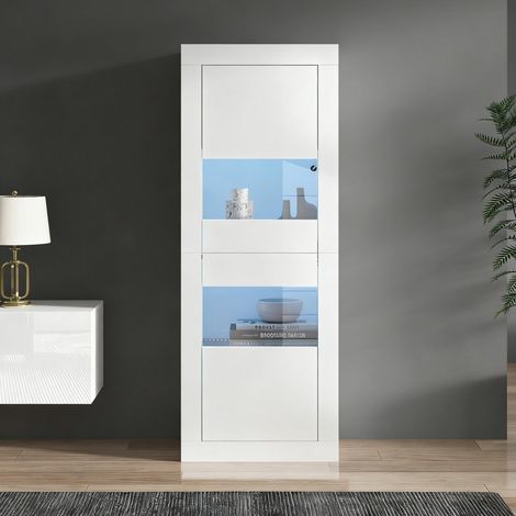 Vitrine Blanche Sur Pied Éclairage LED 1 Étagère Verre Dimensions 61×42×162cm Armoire Haute Meuble De Rangement Déco Intérieur (1/5)
