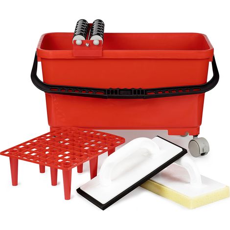 Kit joints professionnel 24L – Bac avec 4 roulettes – 2 rouleaux d'essorage 28x14cm – 1 platoir à joint 280x140mm – 1 égouttoir amovible – Mat Inter
