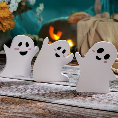 Ornement Fantôme - Décoration Halloween en Bois pour Bureau et Intérieur - 3 Pièces - Dimensions Variées 9,6 x 12 cm à 12 x 12 cm (1/5)