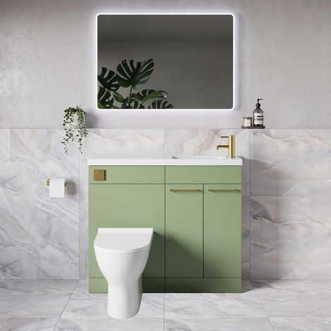 Napoli 250 Olive Green 1000mm 2 Door Vanity Unit Toilet Suite with Round Silvo Basin - 1000mm - Brushed Brass 160mm HandleWith Jubilee Toilet Pan and Seat