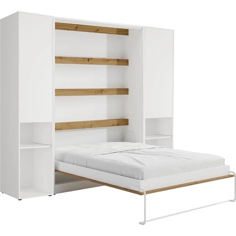 Letto a scomparsa verticale 160 x 200 cm 2 colonne contenitore Con LED Bianco e naturale - RAPILI