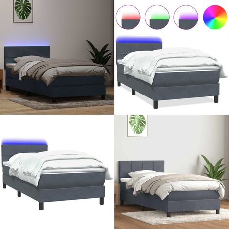 Cama box spring con colchón y LED terciopelo gris oscuro 80x220 cm - Cama con luz LED - Colchón ensacado