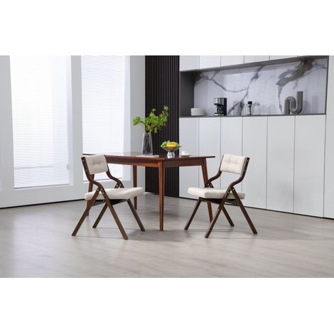 Lot de 2 chaises pliantes en bois avec assise et dossier rembourrés, tissu velours crème, dossier incurvé 110°, sans montage (1/5)