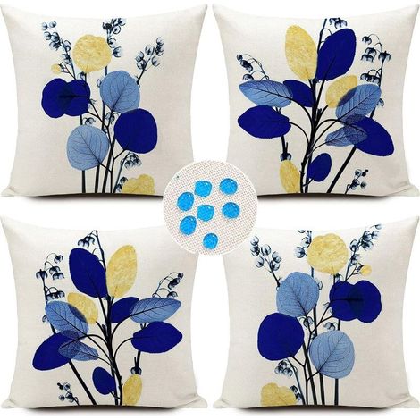 Lot de 4 housses de coussin d'extérieur imperméables en forme de feuilles bleu marine - Décoration artistique pour canapé, salon, jardin - 45 x 45 cm (1/4)