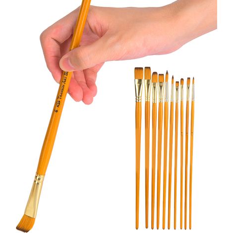 Lot de 10 pinceaux à manche jaune et poils en nylon pour peinture, gouache et aquarelle, matériel de dessin artistique (1/5)