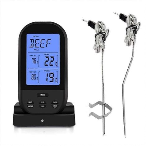 Thermomètre de cuisson numérique sans fil avec minuterie et double sonde pour viande, fumoir, four, barbecue et grillades. (1/5)