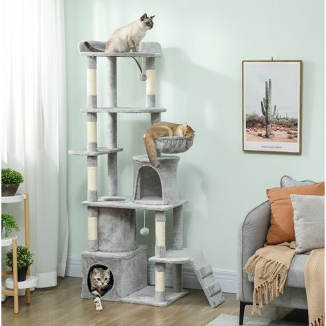 Tiragraffi per gatti in sisal e poliestere grigio chiaro, 170 cm, con amaca, 2 cucce, tunnel, gioco e riposo (1/5)