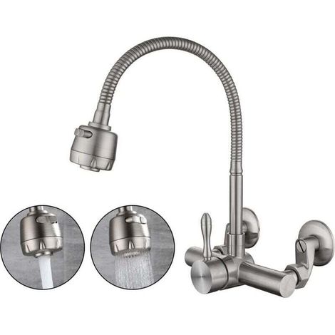 mitigeur Mural Cuisine,Matériau En Acier Inoxydable 304 De Qualité Alimentaire,Rotatif à 360 ° Robinet Mural De Cuisine Des Trous De Montage 6.3CM-24CM (1/4)