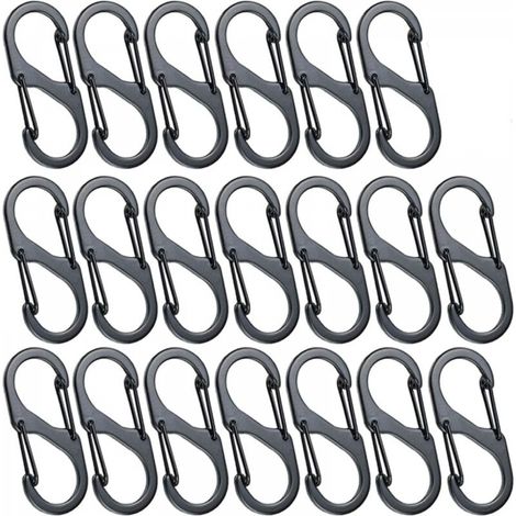 20pcs Mini Mousquetons en Forme de S Mousqueton en Alliage d'Aluminium 8 Formes Durable Léger Étanche Double Boucle pour la Maison en Plein Air Randonnée Pêche Camping Voyage Etc - Noir(30mm) (1/5)
