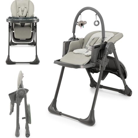 Kinderkraft TUMMIE Seggiolone 2 in 1, Ergonomico, Confortevole, Reclinabile, Pieghevole, con Altezza Regolabile e Poggiapiedi, Vassoio Staccabile, per Bambini, con giocattoli, Grigio (1/5)
