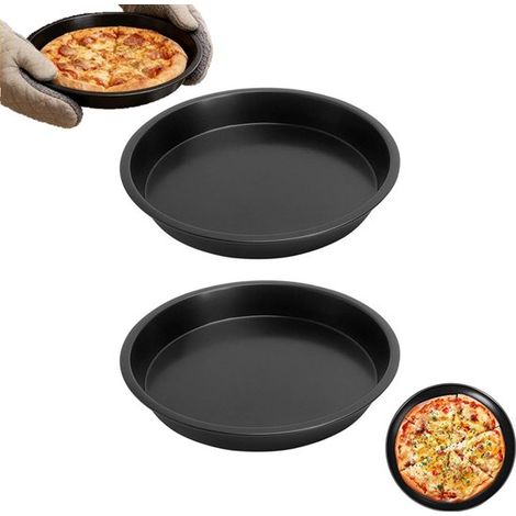 Lot de 2 - Plaque à pizza - Moule à pizza rond noir de 18 cm - Moule à pizza antiadhésif - Plaque de cuisson pour pizzas, quiches, tartes et plats au four (noir) (1/5)