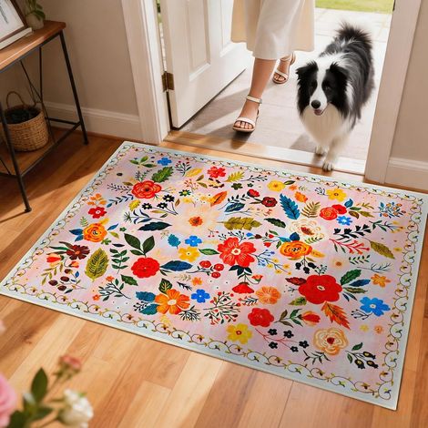 Tapis d'entrée intérieur Ultra-Fin, 91 x 60 cm, Lavable paillasson Pour Porte d'entrée, Discret et Anti-salissures Tapis Entrée Intérieur, Motif Floral bohème, imperméable, Dos en Caoutchouc (1/5)
