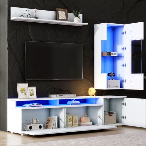 REDOM Ensemble meuble TV 3 pièces 180x40x45 cm, LED intégrée, vitrine et étagère murale, MDF, acrylique, verre blanc (1/5)