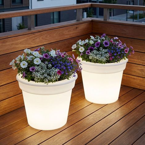 Solar LED Blumenkübel Blumentopf Blumentopf leuchtend Solar Blumentopf Beleuchtung, weiß satiniert, Akku LED neutralweiß, H 19 cm, 2er Set