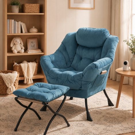 Sillón relax con reposapiés, reposabrazos acolchados y bolsillo lateral, azul HAVRYA (1/5)