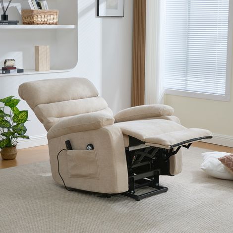 Fauteuil relax électrique multifonction avec aide au lever, fonction massage et chauffage, dossier et repose-pieds réglables électriquement, ainsi que poches de rangement latérales. Kaki clair (1/5)