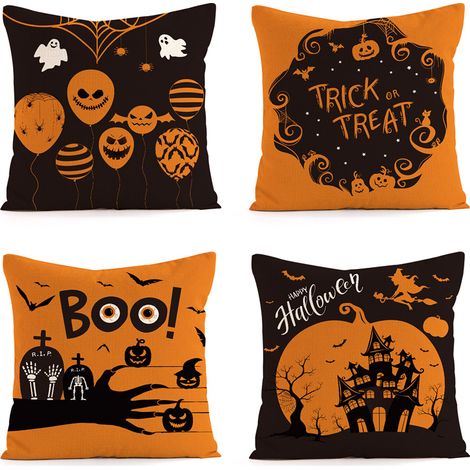 Set mit 4 Halloween-Kissenbezügen für Wohnzimmer, Sofa und Kissen aus fröhlich bedrucktem Leinen (45 x 45 cm) (1/4)