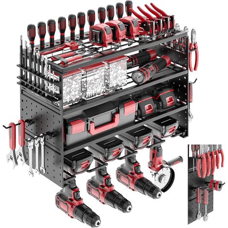 Organisateur mural pour outils électriques, perceuse à percussion, organisateur avec support tournevis latéral pour garage atelier, 4 niveaux 4 porte-perceuses