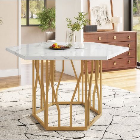 MEUBLIV Table à manger hexagonale 115,5x100 cm blanc et doré – piétement métal (1/5)