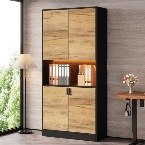 Armadio alto 80x35x180 cm in truciolare nero e rovere con LED - MEUBLIV (1/5)