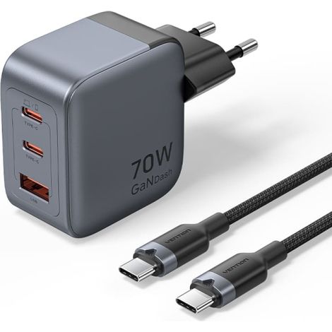 El cargador Vention Cargador GaN de 3 puertos USB (C+C+A) en color gris antracita es la soluciÃ³n perfecta para quienes buscan eficiencia y versatilid