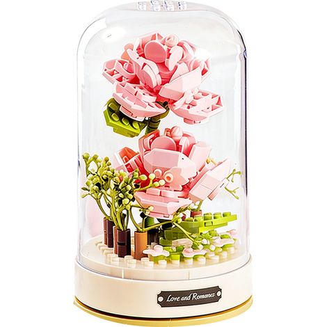 1 bouquet de fleurs en blocs de construction, avec boîte à musique rotative, socle musical, couvercle transparent, idéal Saint-Valentin, anniversaires, mariages (1/5)