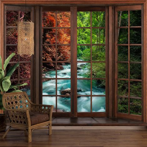 Papier peint panoramique Trompe l'oeil Fenêtre en bois - Rivière - 195 cm x 156 cm (1/5)
