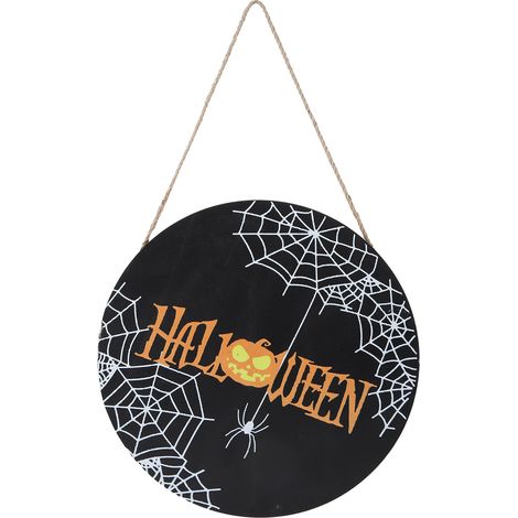 Panneau de bienvenue en bois à motif toile d'araignée, à suspendre à la porte pour Halloween ou une réunion de famille. Nœud papillon noir non inclus. (1/5)