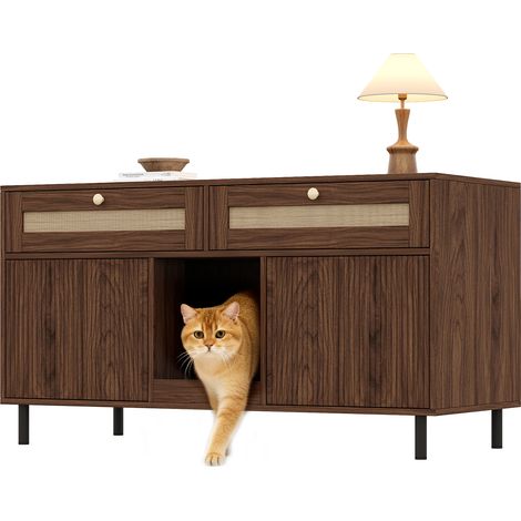 CAIziMeuble pour litière de chat avec tapis attrape-sable, meuble pour chat pour bac à litière, meuble pour animaux avec tiroirs en rotin, buffet/meuble TV pour animaux, sans bac à litière, couleur no (1/5)
