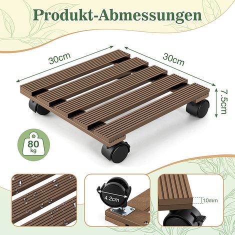 Wolketon 2X WPC Pflanzenroller 30cm, Blumenroller Tragkraft 80 KG, Rolluntersetzer mit Rollen, Kübelroller für Pflanzen, Blumentopf(Eckig, Braun) (1/3)