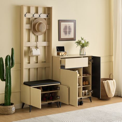 Garderobenmöbel mit 4 Haken, 2 Türen, 1 Schublade und Verstellbaren Regalböden, mit Sitzbank, für Flur, MDF, Holz (1/5)
