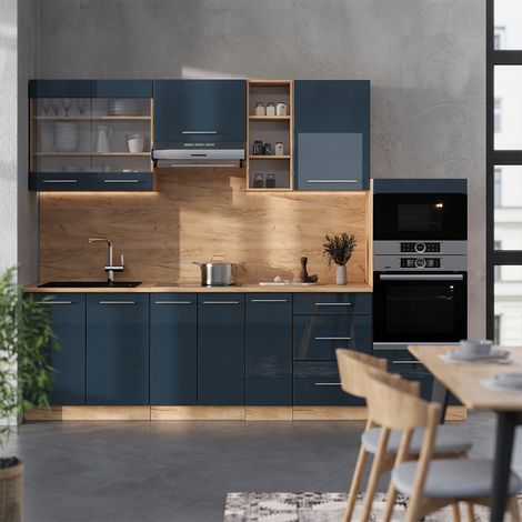 Cucina componibile Fame-Line, Blu scuro lucido/rovere dorato, 280 cm senza piano di lavoro, Vicco