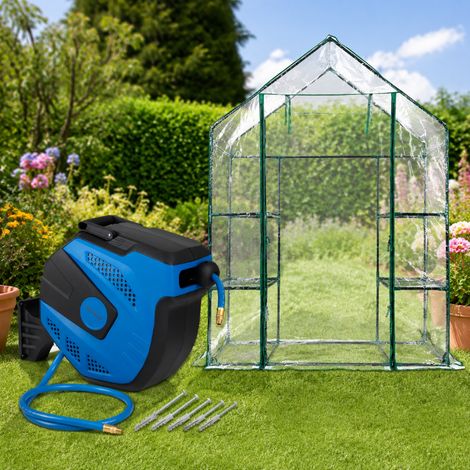 Set de jardinería para el jardín (2 piezas): invernadero de PVC con estantes y carrete para manguera de aire de 15 m (1/5)