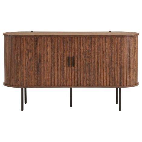 Buffet à bords arrondis noyer foncé à cannelures, pieds fins métalliques noirs, étagères modulables, 140×40×78cm, meuble de rangement multi-usage pour salon et entrée (1/5)