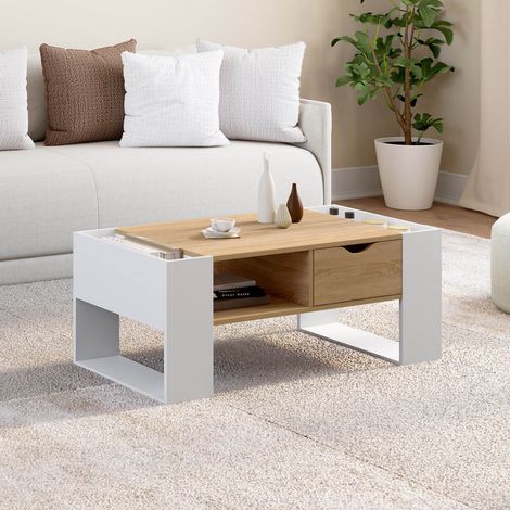 Mesa de centro rectangular BERYL con cajón de madera blanca y efecto haya (1/5)