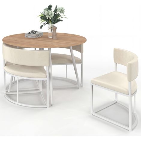 Set composto da tavolo e 4 sedie incastrabili MILENE in metallo bianco, con piano effetto faggio e rivestimento in velluto beige (1/5)