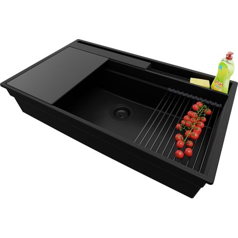 PRIMAGRAN Evier Cuisine en Granit 88x53cm,Lavabo 1 bac + Kit de Vidage + Accessoires, Évier à Encastrer au meuble 90cm - Oslo Pocket, Tout Noir (1/5)